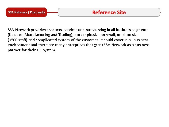 SSA Network (Thailand) Reference Site SSA Network provides products, services and outsourcing in all