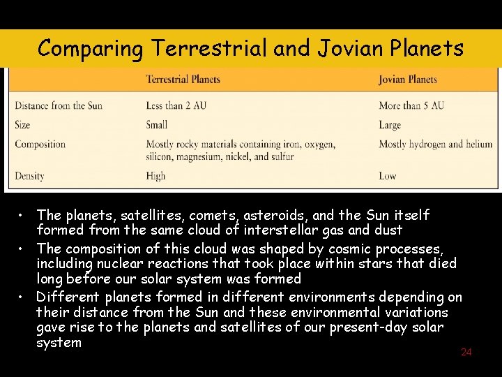 Comparing Terrestrial and Jovian Planets • The planets, satellites, comets, asteroids, and the Sun