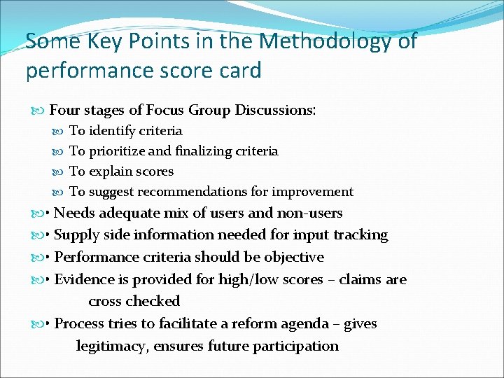 Some Key Points in the Methodology of performance score card Four stages of Focus