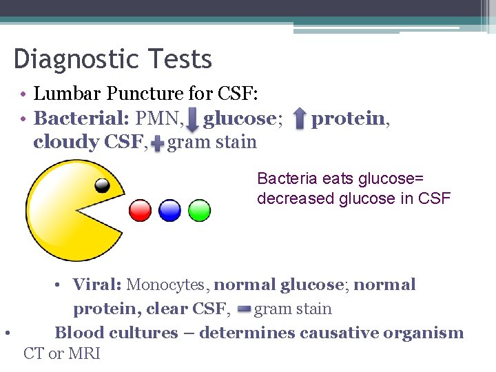 Diagnostic Tests • Lumbar Puncture for CSF: • Bacterial: PMN, glucose; cloudy CSF, gram Diagnostic Tests • Lumbar Puncture for CSF: • Bacterial: PMN, glucose; cloudy CSF, gram