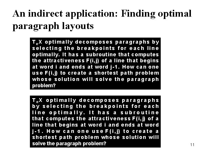 An indirect application: Finding optimal paragraph layouts T e. X o p ti ma