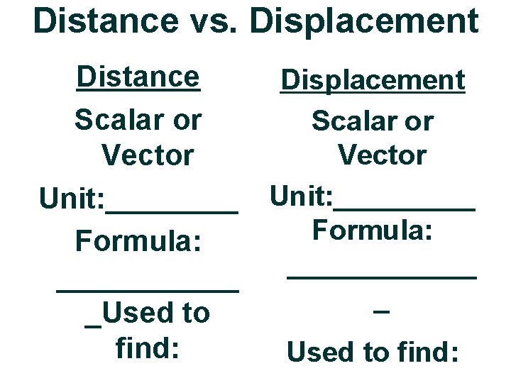 Distance vs. Displacement Distance Scalar or Vector Unit: ____ Formula: ______ _Used to find: