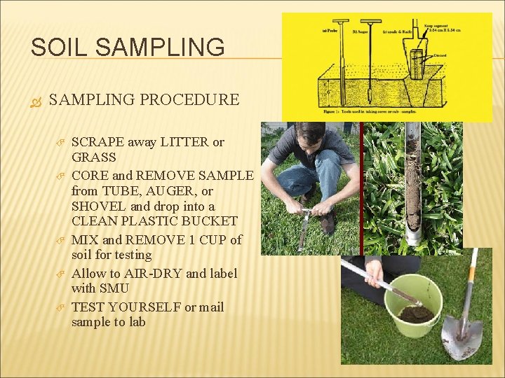 SOIL SAMPLING PROCEDURE SCRAPE away LITTER or GRASS CORE and REMOVE SAMPLE from TUBE,