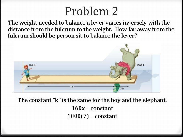 Problem 2 The weight needed to balance a lever varies inversely with the distance