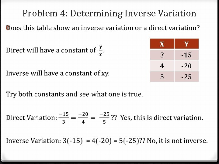 Problem 4: Determining Inverse Variation 0 X 3 4 5 Y -15 -20 -25