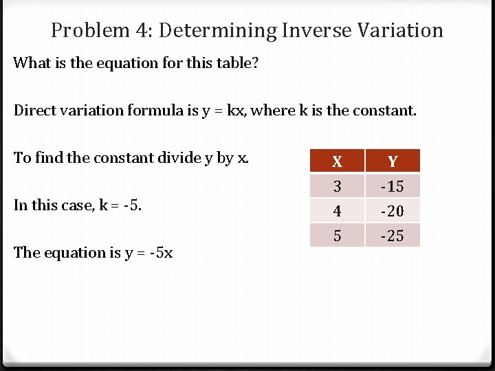 Problem 4: Determining Inverse Variation What is the equation for this table? Direct variation