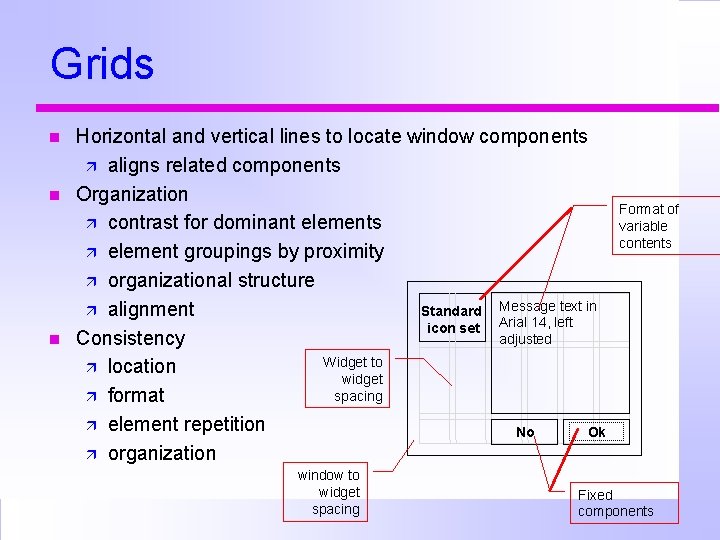 Grids Horizontal and vertical lines to locate window components aligns related components Organization contrast