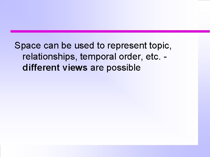 Space can be used to represent topic, relationships, temporal order, etc. different views are