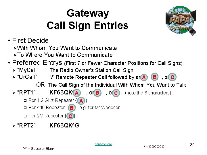 Gateway Call Sign Entries • First Decide Ø With Whom You Want to Communicate Gateway Call Sign Entries • First Decide Ø With Whom You Want to Communicate