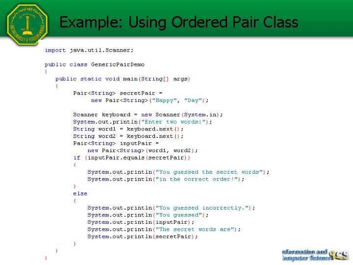 Example: Using Ordered Pair Class 