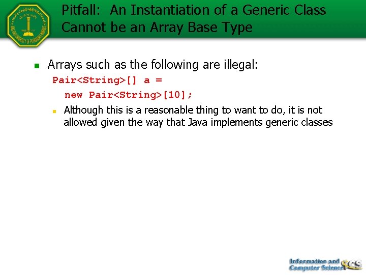 Pitfall: An Instantiation of a Generic Class Cannot be an Array Base Type n