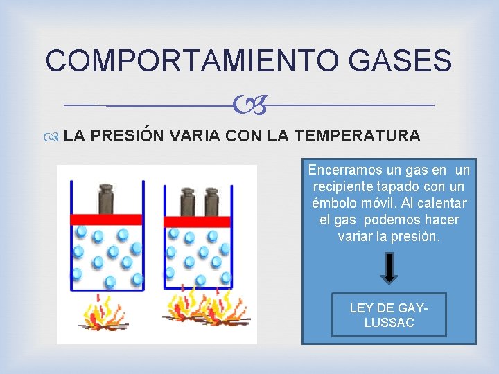COMPORTAMIENTO GASES LA PRESIÓN VARIA CON LA TEMPERATURA Encerramos un gas en un recipiente