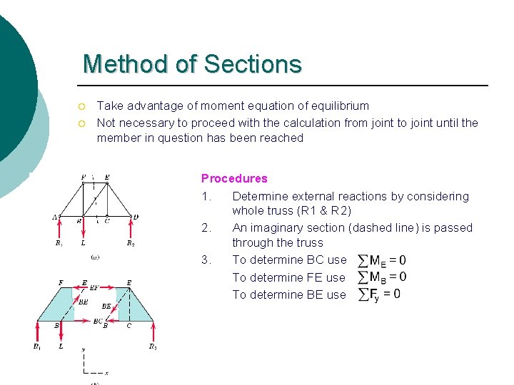 Method of Sections ¡ ¡ Take advantage of moment equation of equilibrium Not necessary
