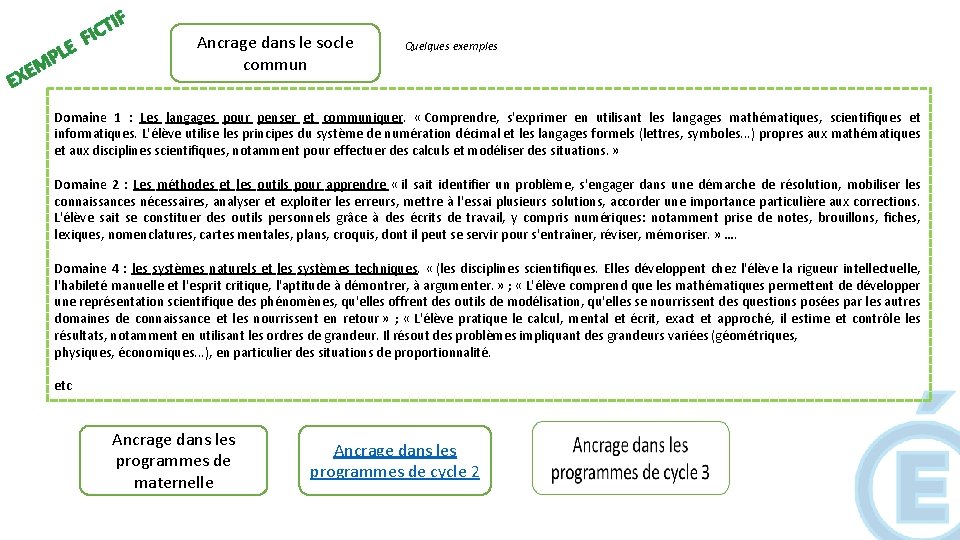 PLE M E EX T FIC IF Ancrage dans le socle commun Quelques exemples PLE M E EX T FIC IF Ancrage dans le socle commun Quelques exemples