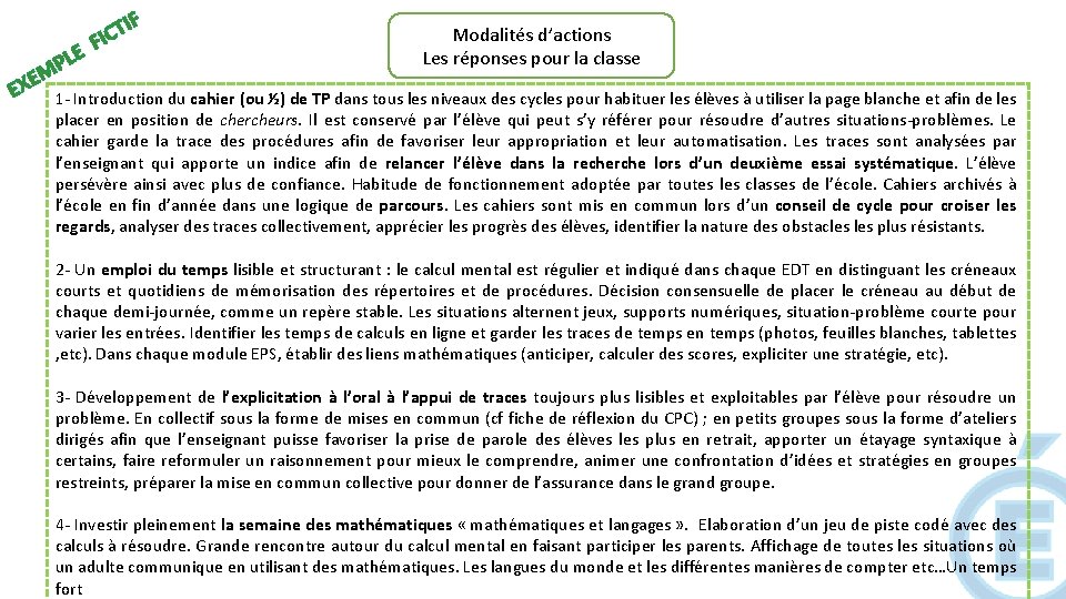 E EX LE P M T FIC IF Modalités d’actions Les réponses pour la E EX LE P M T FIC IF Modalités d’actions Les réponses pour la