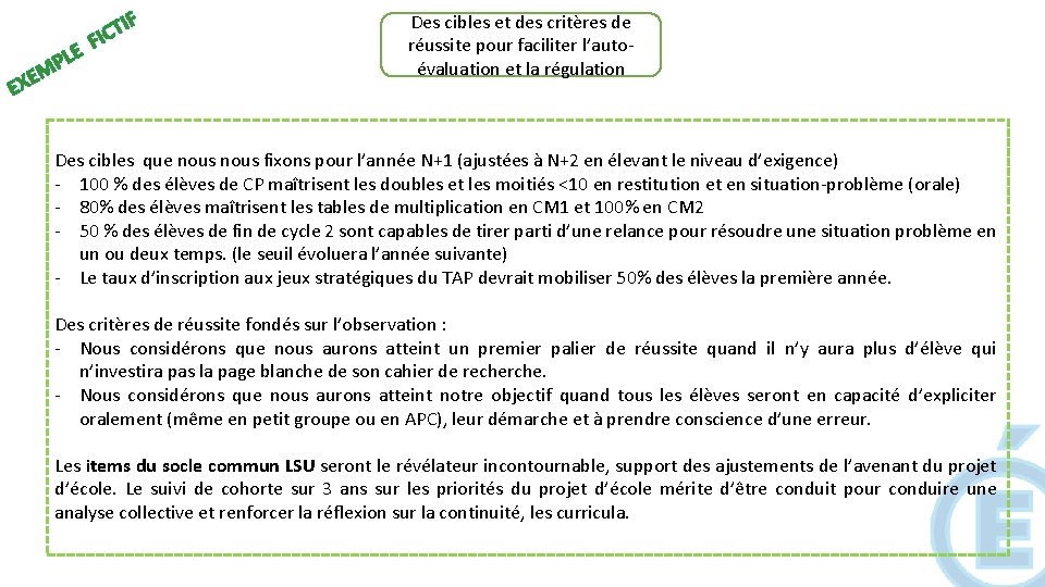E EX LE P M T FIC IF Des cibles et des critères de E EX LE P M T FIC IF Des cibles et des critères de