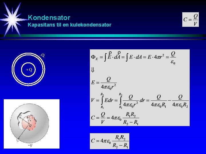 Kondensator Kapasitans til en kulekondensator -Q +Q 