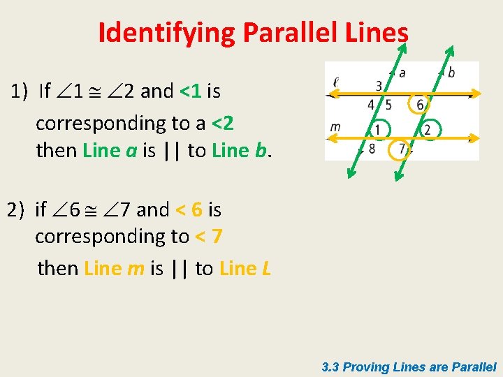 Identifying Parallel Lines 1) If 1 2 and <1 is corresponding to a <2