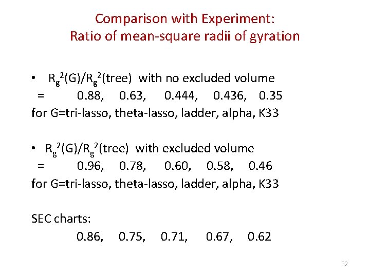 Comparison with Experiment: Ratio of mean-square radii of gyration • Rg 2(G)/Rg 2(tree) with