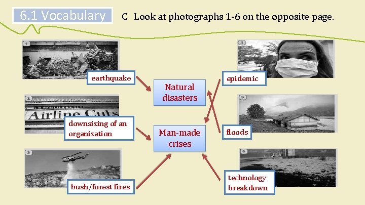 6. 1 Vocabulary C Look at photographs 1 -6 on the opposite page. earthquake