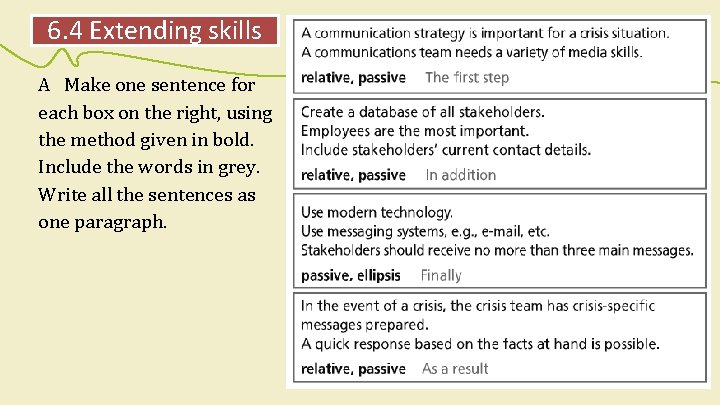 6. 4 Extending skills A Make one sentence for each box on the right,