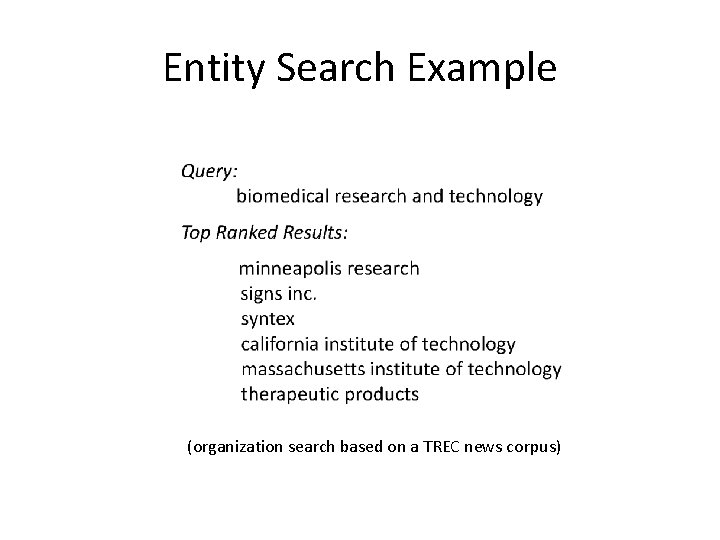 Entity Search Example (organization search based on a TREC news corpus) 