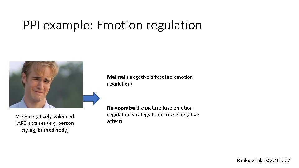 PPI example: Emotion regulation Maintain negative affect (no emotion regulation) View negatively-valenced IAPS pictures