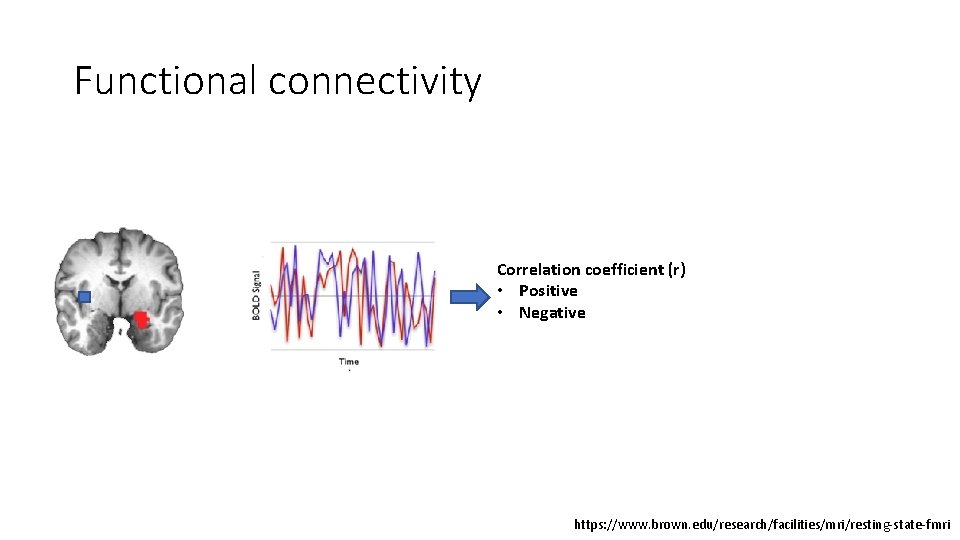 Functional connectivity Correlation coefficient (r) • Positive • Negative https: //www. brown. edu/research/facilities/mri/resting-state-fmri 