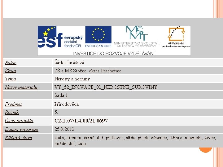 Autor Šárka Jurášová Škola ZŠ a MŠ Stožec, okres Prachatice Téma Nerosty a horniny Autor Šárka Jurášová Škola ZŠ a MŠ Stožec, okres Prachatice Téma Nerosty a horniny