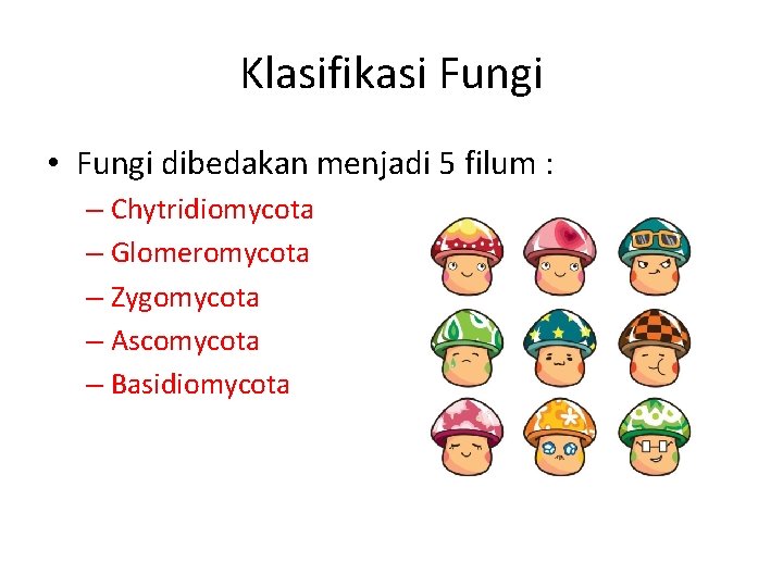 Klasifikasi Fungi • Fungi dibedakan menjadi 5 filum : – Chytridiomycota – Glomeromycota –