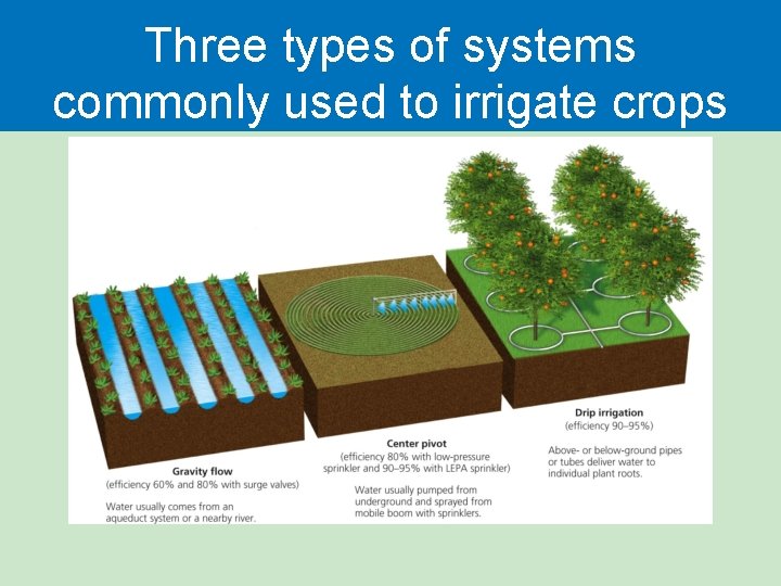 Three types of systems commonly used to irrigate crops 