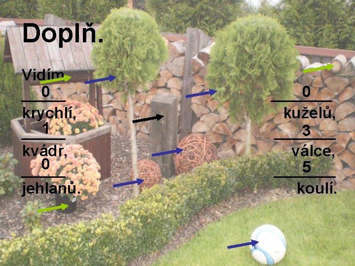 Doplň. Vidím 0 _____ krychlí, 1 _____ kvádr, 0 _____ jehlanů. 0 _______ kuželů,