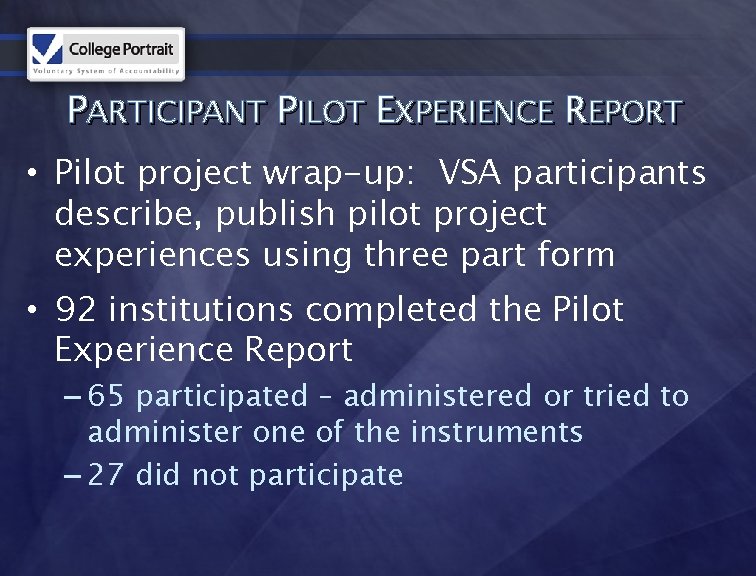 PARTICIPANT PILOT EXPERIENCE REPORT • Pilot project wrap-up: VSA participants describe, publish pilot project