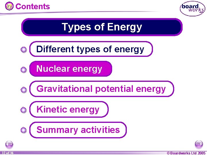 Contents Types of Energy Different types of energy Nuclear energy Gravitational potential energy Kinetic