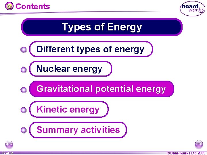 Contents Types of Energy Different types of energy Nuclear energy Gravitational potential energy Kinetic