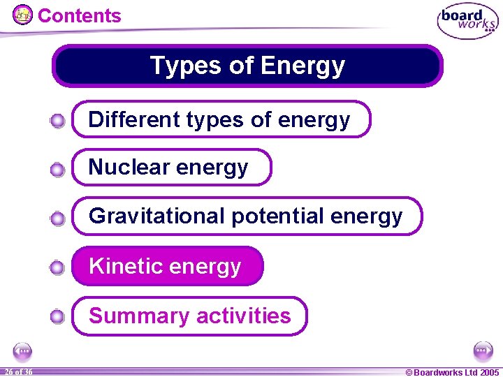 Contents Types of Energy Different types of energy Nuclear energy Gravitational potential energy Kinetic