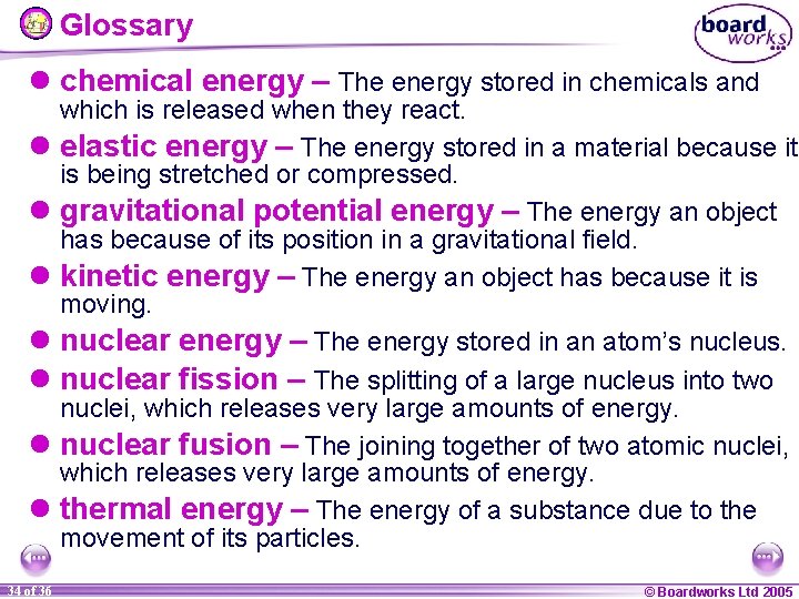 Glossary l chemical energy – The energy stored in chemicals and which is released