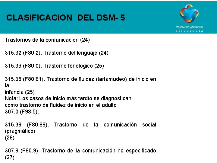 CLASIFICACION DEL DSM- 5 Trastornos de la comunicación (24) 315. 32 (F 80. 2).