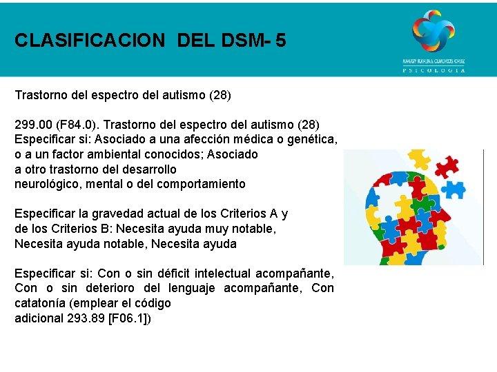 CLASIFICACION DEL DSM- 5 Trastorno del espectro del autismo (28) 299. 00 (F 84.