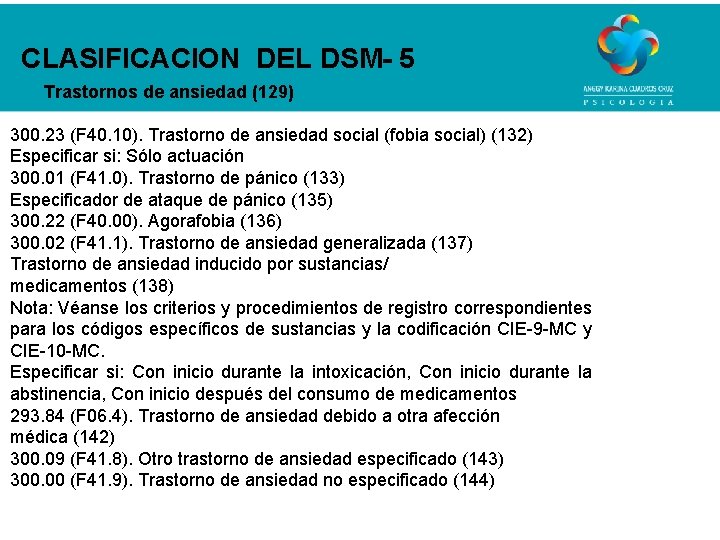 CLASIFICACION DEL DSM- 5 Trastornos de ansiedad (129) 300. 23 (F 40. 10). Trastorno