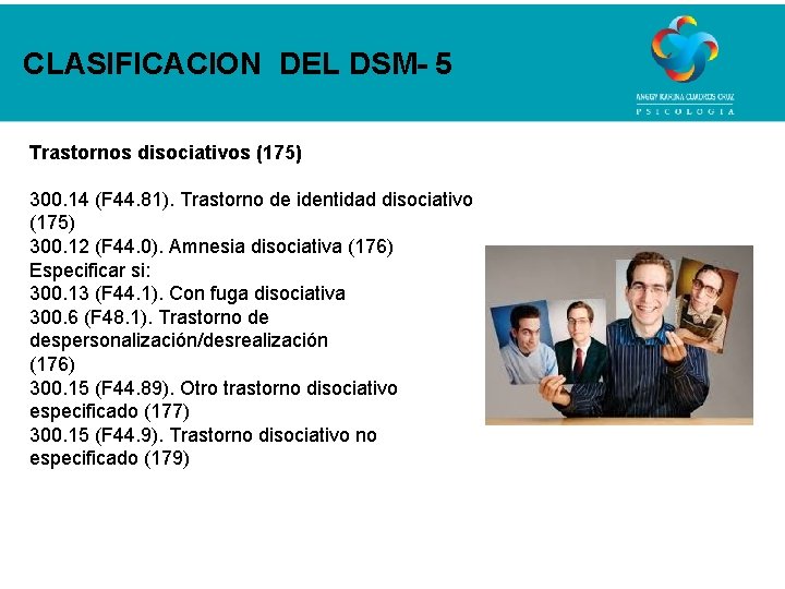 CLASIFICACION DEL DSM- 5 Trastornos disociativos (175) 300. 14 (F 44. 81). Trastorno de