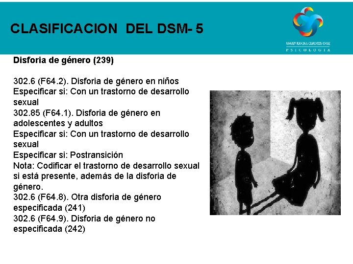 CLASIFICACION DEL DSM- 5 Disforia de género (239) 302. 6 (F 64. 2). Disforia