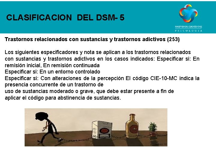 CLASIFICACION DEL DSM- 5 Trastornos relacionados con sustancias y trastornos adictivos (253) Los siguientes