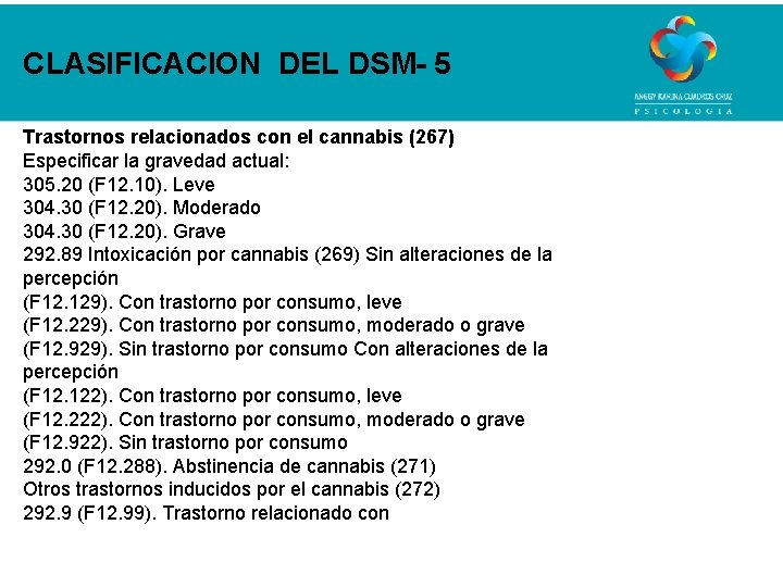 CLASIFICACION DEL DSM- 5 Trastornos relacionados con el cannabis (267) Especificar la gravedad actual: