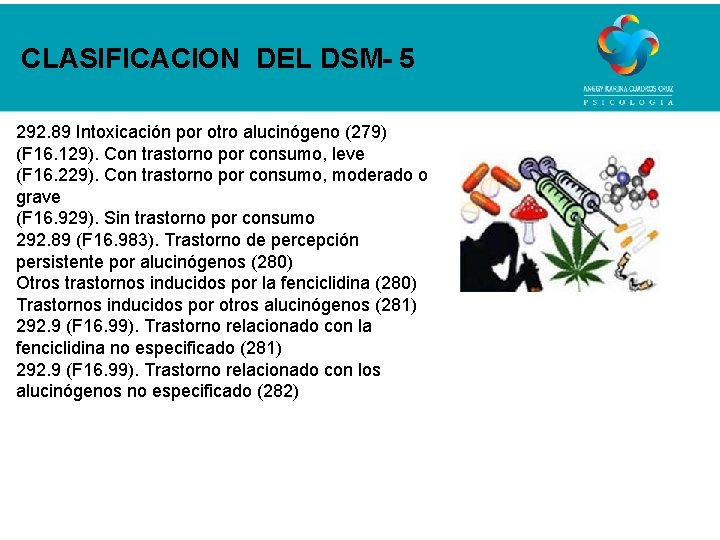 CLASIFICACION DEL DSM- 5 292. 89 Intoxicación por otro alucinógeno (279) (F 16. 129).