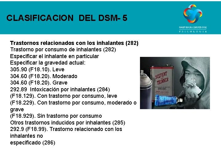 CLASIFICACION DEL DSM- 5 Trastornos relacionados con los inhalantes (282) Trastorno por consumo de