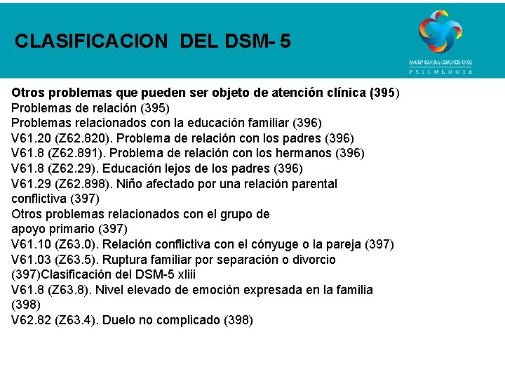 CLASIFICACION DEL DSM- 5 Otros problemas que pueden ser objeto de atención clínica (395)