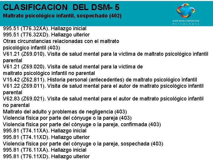 CLASIFICACION DEL DSM- 5 Maltrato psicológico infantil, sospechado (402) 995. 51 (T 76. 32