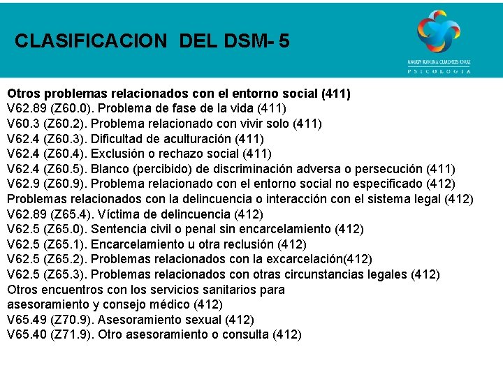 CLASIFICACION DEL DSM- 5 Otros problemas relacionados con el entorno social (411) V 62.