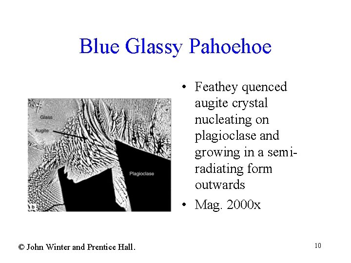 Blue Glassy Pahoehoe • Feathey quenced augite crystal nucleating on plagioclase and growing in